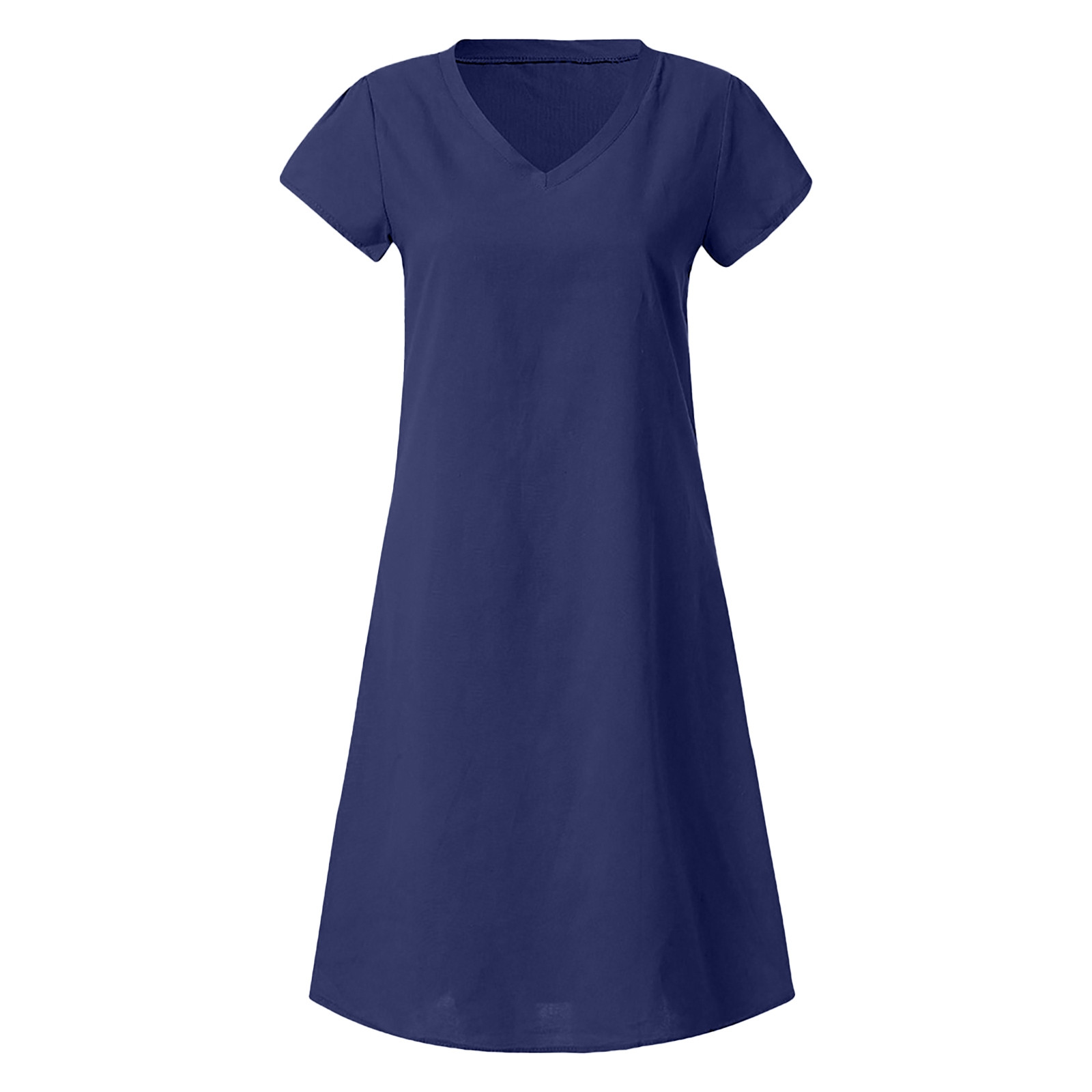 thumbnail image 5 of Vestido midi de manga corta de lino de color liso con cuello en V para mujer: vestido informal para verano y otoño, 5 of 7